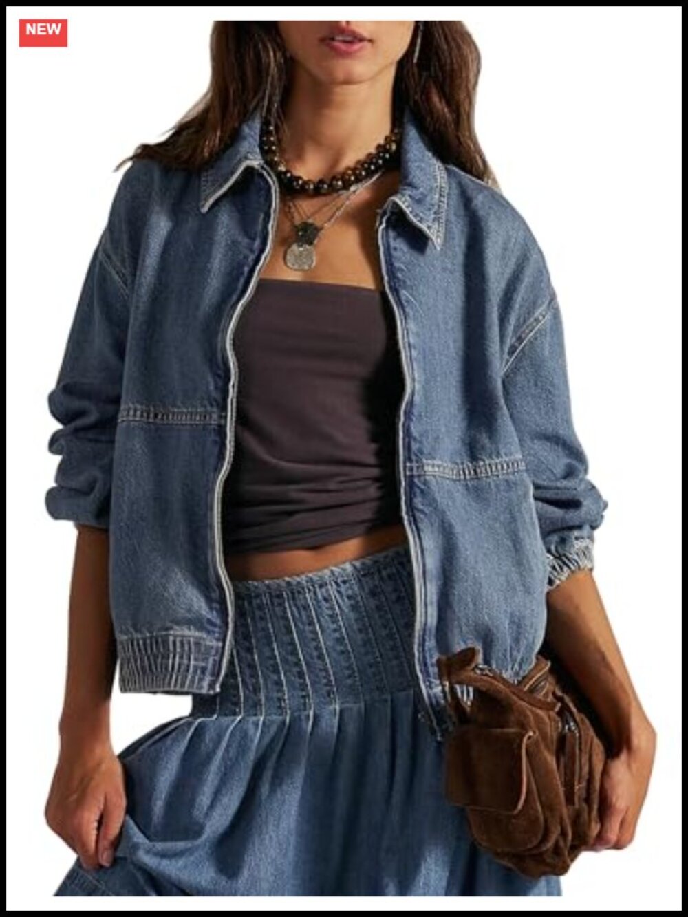Womens 100% Cotton Zip Up Denim Bomber Jacket Loose Fit Casual